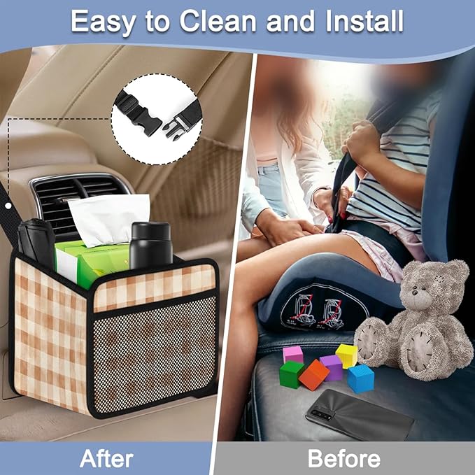 Retro Brown Checkered Car Backseat Organizer PU Leather Truck Back Seat Trash Bag Universal Hanging Storage Box Travel Accessories Foldable