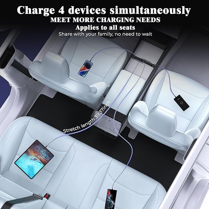 65W USB Hub for Tesla Model 3, New Model Y Juniper 2024 2025 2026 - Fast Charger for Tesla Model 3 Highland Accessories, Retractable Phone USB Charger Hub 4-Ports, 2 Type-C Cables (Black)
