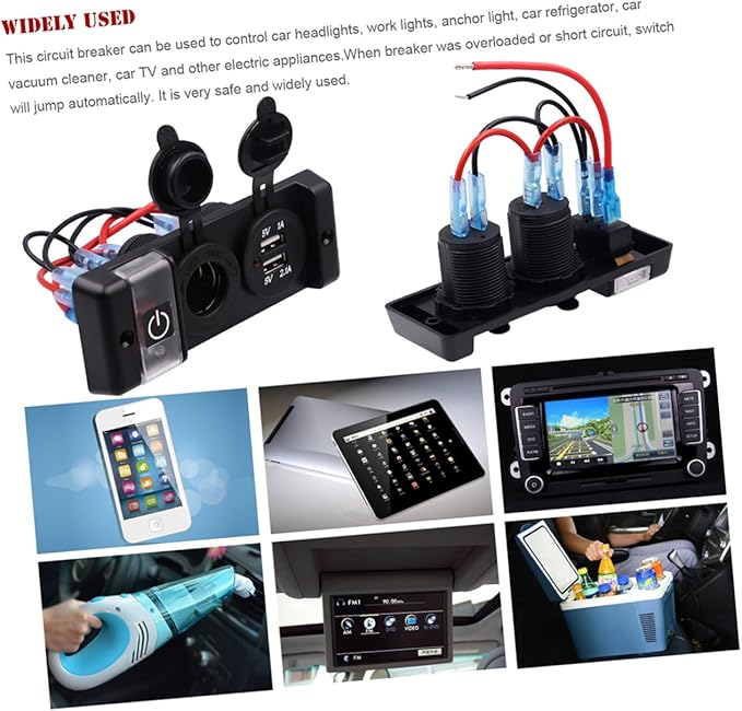 SUPVOX 12v Dual Usb Car Charger Adapter Panel with Cigarette Lighter Socket Power Supply for Cars Boats and Rvs Led Indicator and Circuit Breaker Protection
