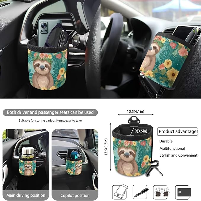 10 Pieces Car Seat Cover Full Sets, Sloth Flower Print Car Front Bucket Seat Protectors with Split Bench Back Seat Covers, Steering Wheel Protector, Coaster, Trash Can, Air Vent Storage Bag