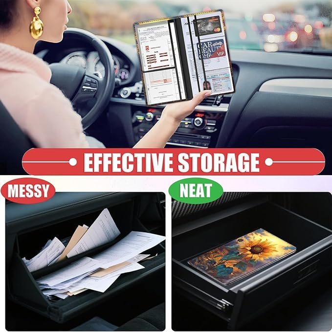 Car Document Holder with Magnetic Shut, Car Registration & Insurance Card Holder, Waterproof PU Leather Glove Box Organizer Vehicle Accessories Driver License for Women/Men, Watercolor Sunflowers