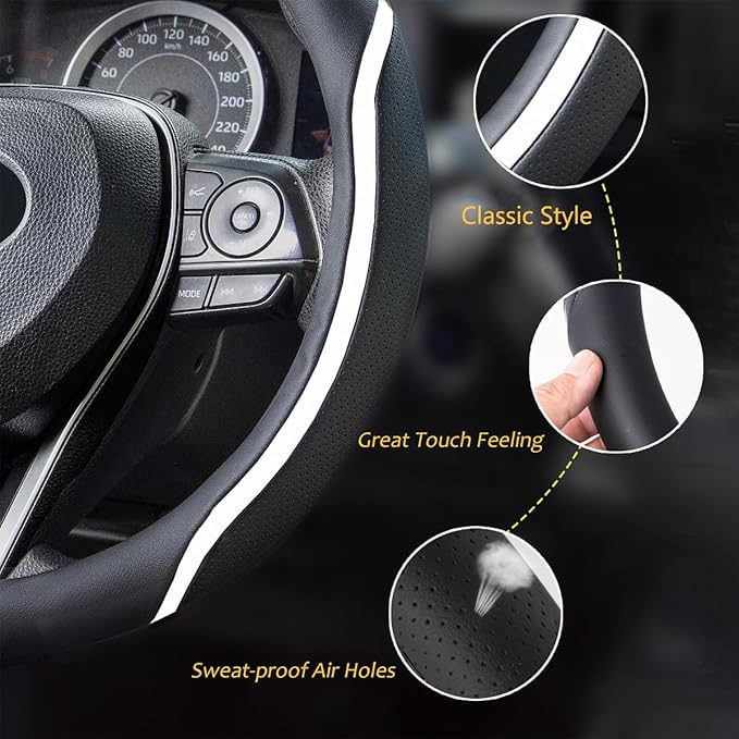 Muamos Steering Wheel Cover Black White, Carbon Fiber Car Steering Wheel Covers with Coasters Universal 14.5-15 inch Leather Microfiber Breathable Anti-Slip Steering Wheel Accessories Set