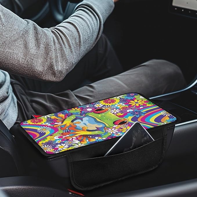 CLOHOMIN Funny Frog Armrest Cover for Car Truck Sedan Hippie Floral Auto Center Console Cover Anti-Scratch Car Center Console Armrest Cushion Accessory with 2 Storage Bags