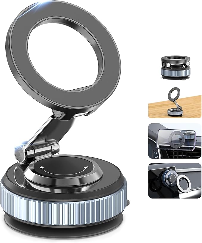 Vacuum Magnetic Car Phone Holder Stand,360° Adjustable Car Phone Mount for Magsafe with Suction Cup & Swivel Lock,Foldable Phone Holders for Your Car,Cell Phone Car Mount for iPhone & Android