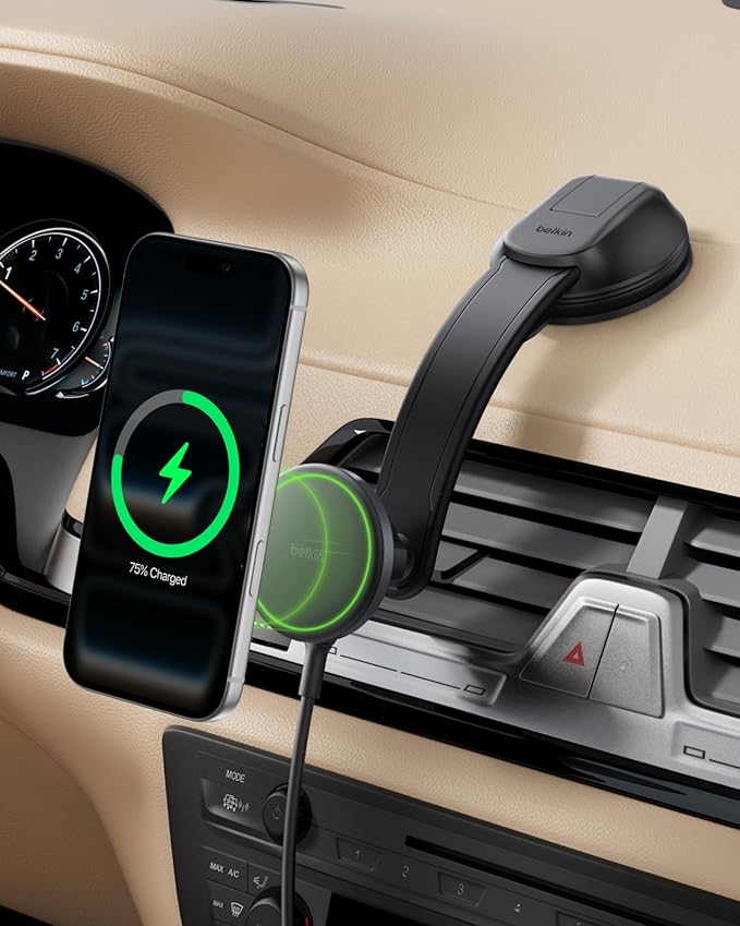 Belkin Wireless Car Charger, Magnetic Car Dash Mount w/ 1M USB C Cable, Qi2 MagSafe Compatible Fast Charging iPhone Charger for iPhone 17, Galaxy S25, Pixel 10, & More - Travel Accessories - Black