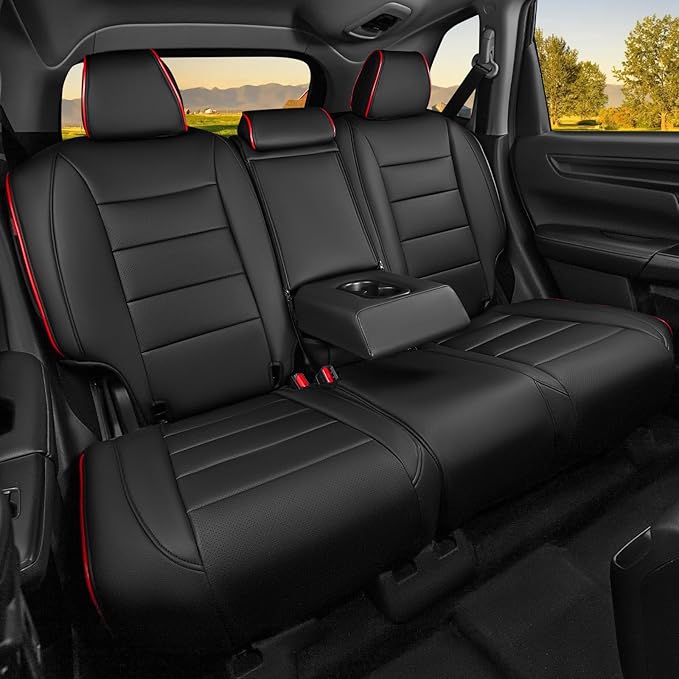 HKZ Fit CRV Car Seat Covers Full Set for Honda CR-V 2023 2024 2025 2026 CRV LX;EX;EX-L;Sport;Touring;Special Edition & Hybrid Model - Leather (Black with Red Trim)