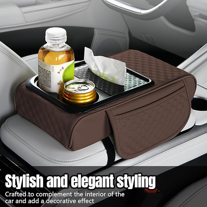 Hovom Car Center Console Armrest Pillow, 13.78"×7.48"×2.76" Leather Arm Rest Cover for Cars, Multifunctional Auto Armrest Cushion Pad with Pocket, Tissue Box & Cup Holder, Car Accessories (Coffee)