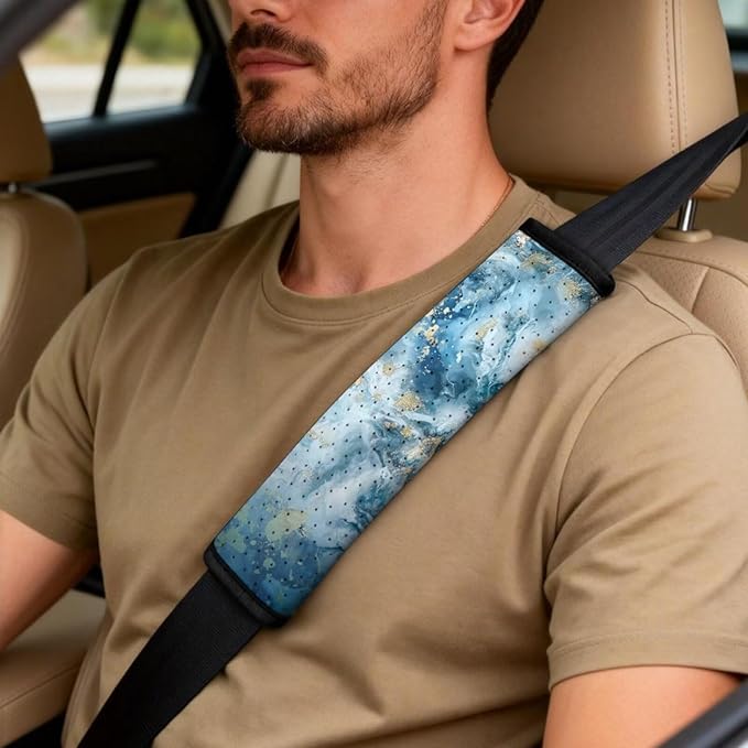Qeluxign PU Leather Car Seat Covers Set - Includes 2 Seat Protectors, 2 Shoulder Pad Covers, 1 Armrest Cover for Car Decoration,Blue Gold Marble