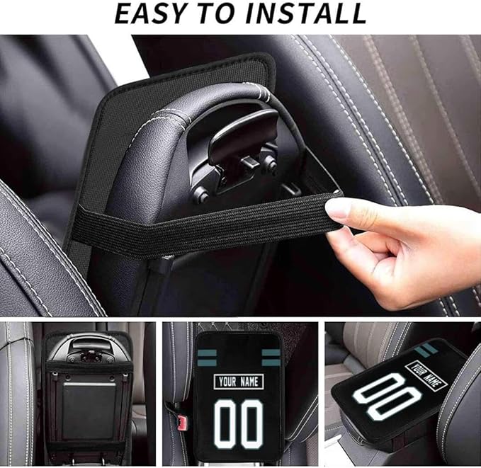 Custom Car Armrest Cover,Add Personalized Name and Number As Gifts for Loyal Football Fans,American Football Auto Center Console Pad Car handrail Box Cushion,Fit for Most Car Seat Box Cover Protector