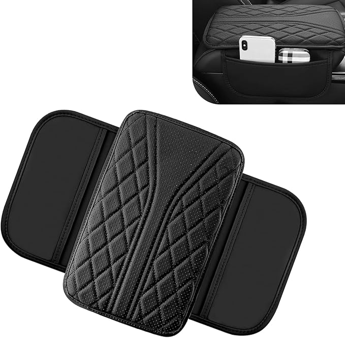 Car Center Console Cover, Leather Vehicle Armrest Protector Cushion with 2 Side Storage Bags, Auto Breathable Middle Interior Accessories, Universal for SUV, Sedan, Truck (Black)