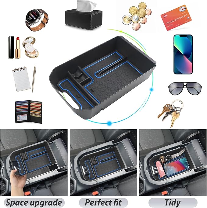 SKTU for 2020 2021 2022 2023 2024 2025 Toyota RAV4 Center Console Organizer 2023 2024 2025 RAV4 Accessories Tray Armrest Box Glove Secondary Storage Box with Coin Holder (Blue)