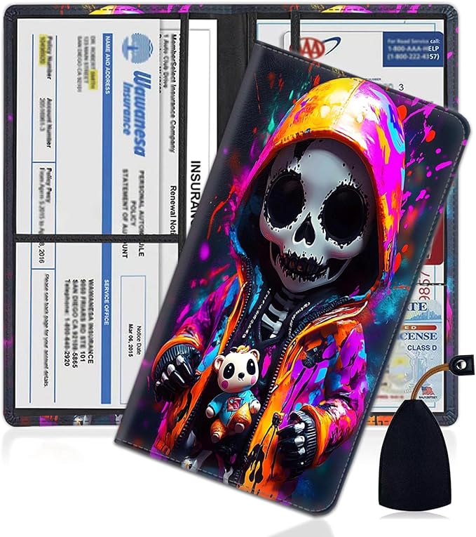 Car Registration Holder, PU Leather Vehicle Glove Box Organizer for Driver License, Document, Car Insurance Holder with Magnetic Shut, Auto Paperwork Wallet Case Accessories, Color Skull Boy