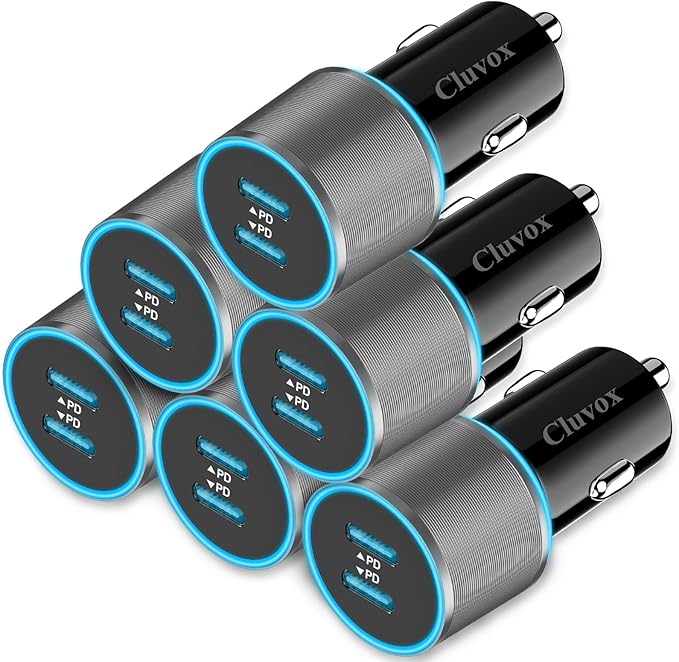 6 Pack USB C Car Charger, 40W Fast Charging for iPhone 17/16 Pro Max/Plus/16 SE/15, Samsung Galaxy S25 Ultra/S24/S23/S22/A16/A15/A55, Pixel 10, Dual 20W Type C Port Cigarette Lighter Adapter- Grey