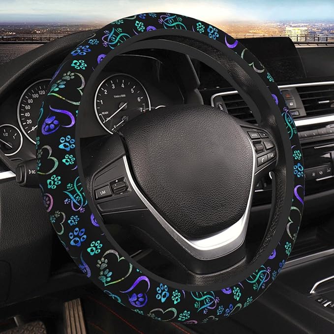 Paw Print Heart Print Steering Wheel Cover Anti-Slip,Sweat Absorption Universal 15 inch Steering Wheel Covers Cute car Accessories for Men Women