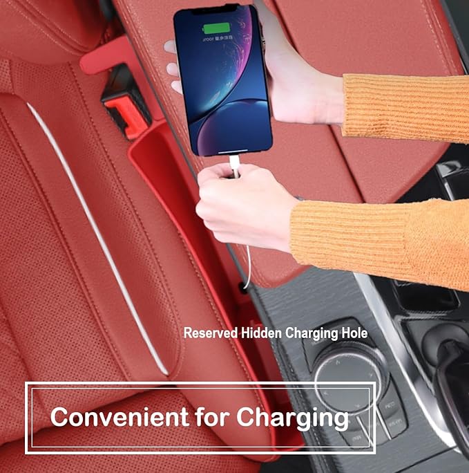 LeaHun Car Seat Gap Filler Organizer, 2 Pack No-Drop Seat Side Gap Filler Plug Strip with Storage & Belt Slot, Universal Fit Auto Catcher Fill The Gap Between Seat & Console for Car, SUV, Truck, Red