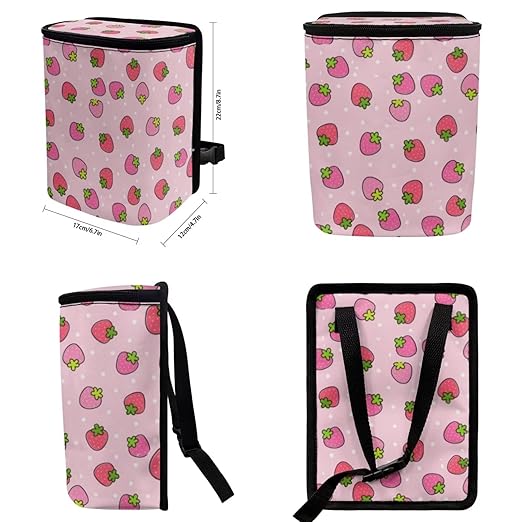 Pink Strawberry Car Trash Can with Lid - Collapsible Waterproof Garage Bag, Reusable Hanging Cute Automotive Garbage Bin, Adjustable Strap, Interior Organizer