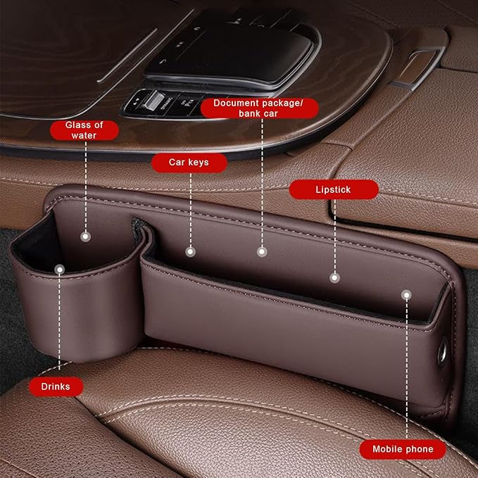 Coneati 2-Pack car seat Gap Filler Organizer with Cup Holder, Adjustable Car Seat Gap Storage Box Leather with Cup Holder for Phones Glasses Keys Cards (Black. Driver- Passenger)