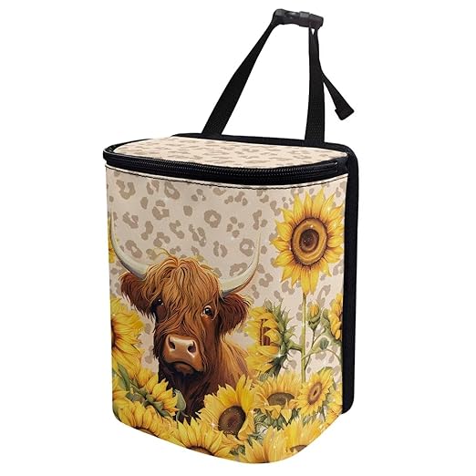 Highland Cow Car Trash Can Hanging Mini Auto Garbage Bin with Lid Washable Leak Proof Automotive Car Rubbish Bags for Back Front Seat，Car Interior Accessory