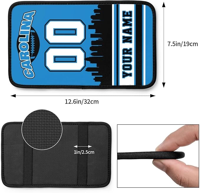 Custom Carolina Car Armrest Covers Personalized Football Style with Name Number Customized Auto Center Console Pad Car Handrail Box Cushion for Most Vehicle Decor Accessories, Fans Gift