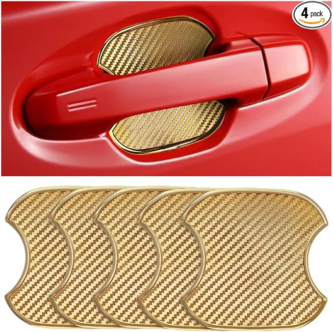 Mandark Car Door Handle Cup Scratch Protector, 4PCS 3D TPU Carbon Fiber Vehicle Door Bowl Sticker, Automotive Handle Paint Protective Film Cover, Universal Fit (Golden, Medium)