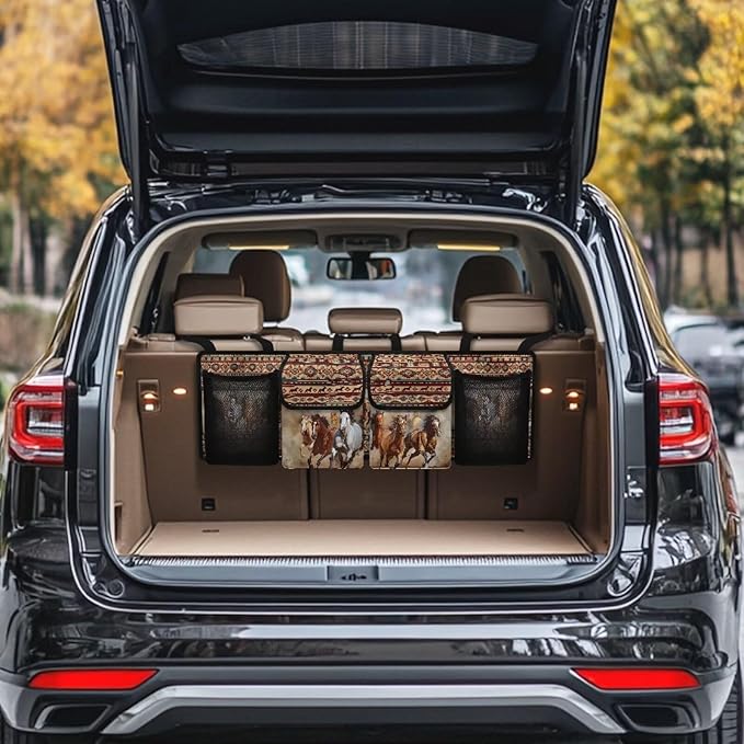 Back Seat Trunk Organizer Running Horses Tribal Hanging Car Organizer Trunk Foldable Cargo Storage with Pockets& 3 Adjustable Straps 37.01x11.81 inch