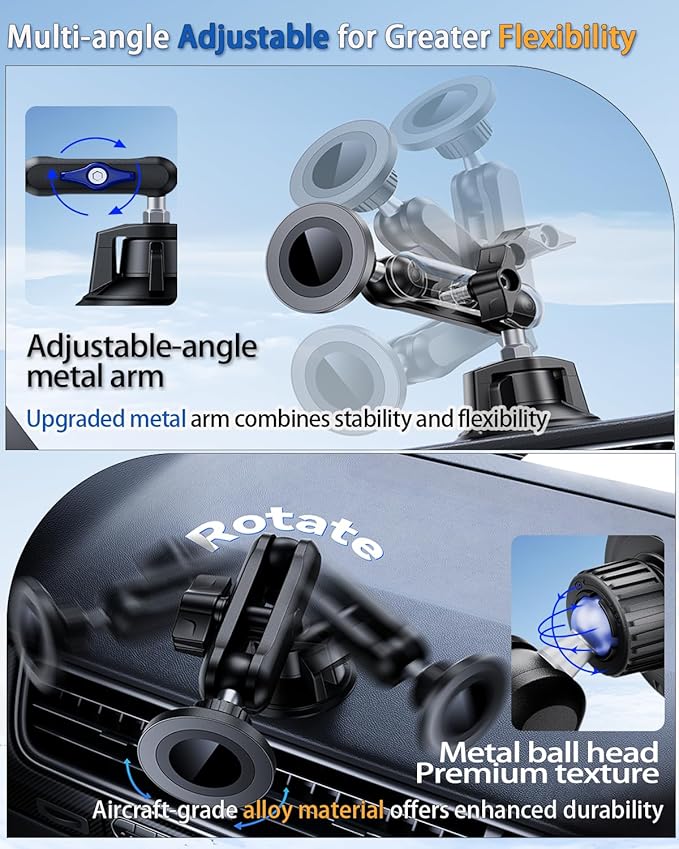 Tmengdao Magnetic Car Phone Holder [3-in-1] for Dashboard, Windshield & Vent, with Strong Suction Cup, Adjustable Metal Arm & 360° Rotation, Universal Phone Mount for All Cell Phones