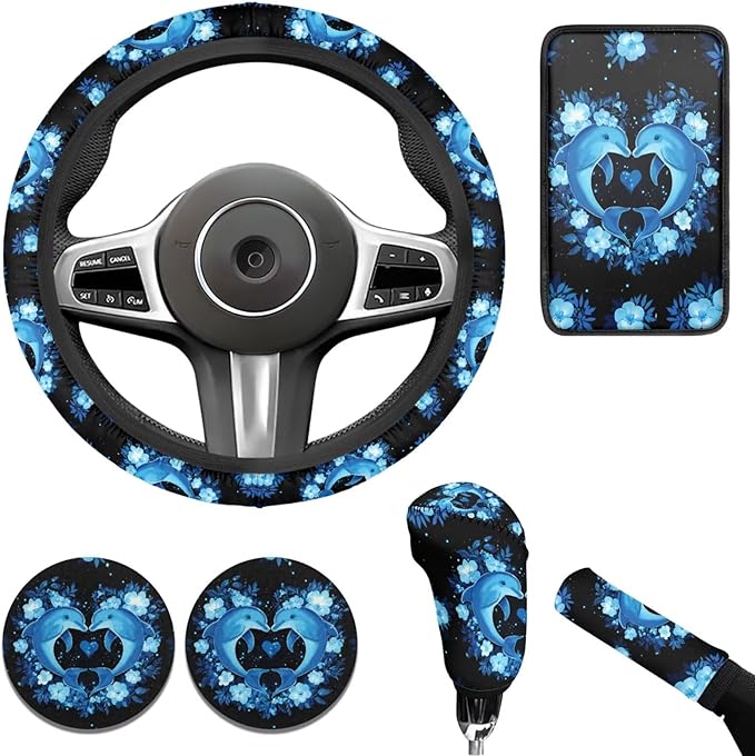 Neon Dolphin Car Steering Wheel Covers Set for Women Car Interior Accessories 6 Pcs Cute Blue Dolphin Handbrake Gear Cover Cup Coaster Armrest Cover Fit Vans Trucks,SUV