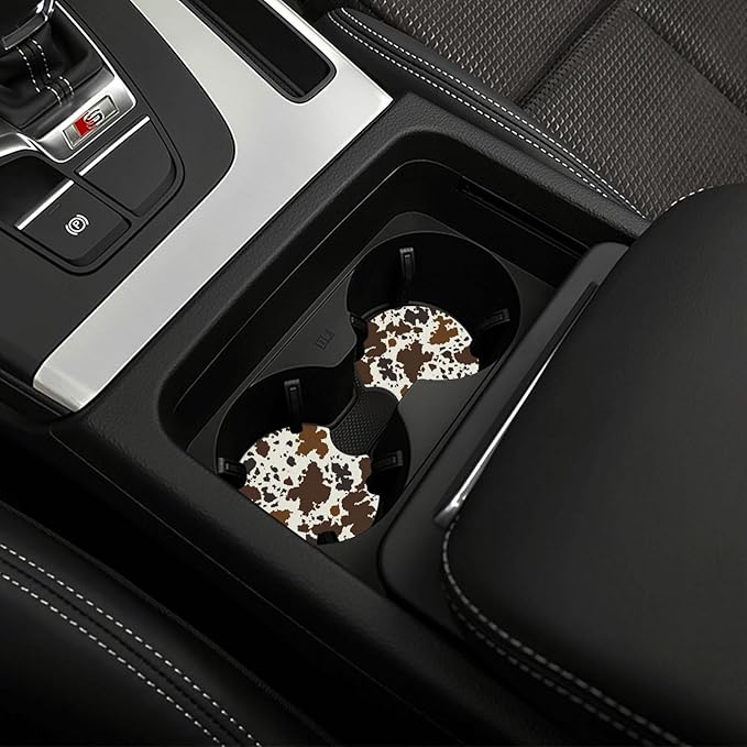 Brown Western Cow Print Steering Wheel Cover for Women Men with 2 Pcs Car Coasters, 15 Inches Neoprene Anti-Slip Cute Universal Car Accessories Protective Cover for Vehicle