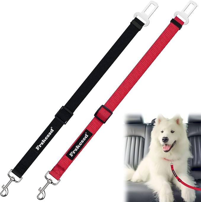 2 PCS Dog Seat Belt for Car Frskcssd Adjustable Dog Car Harness Heavy Duty Nylon Dogs Safety Seat Belt (Black+Red)