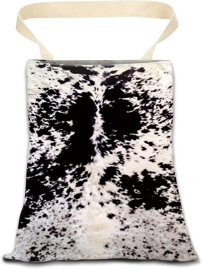 Hanging Car Trash Can Bag - Black & White Cowhide, Retro Design, Back Seat Organizer for Travel, Camping & Vehicle Accessories