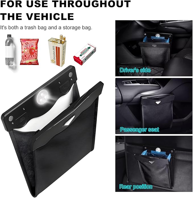 Car Hanging Trash Can, Magnetic Closure LED Light Auto Trash Bag Storage Pocket, Collapsible Waterproof Leather Hanging Trash Can with Disposable Trash Bag, Car Accessories (Black)