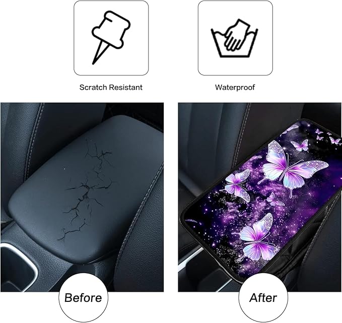 JANENFNA Car Armrest Cover Pads Universal Fashion Cute Auto Center Console Armrest Cover Pad with 2PCS Car Coasters Soft Waterproof Car Armrest Seat Protector for Women,Purple Butterflies