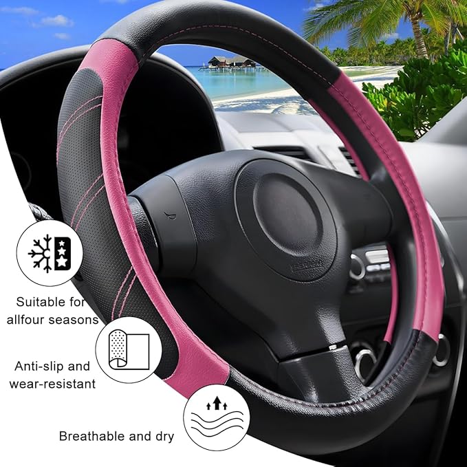 Car Steering Wheel Cover, 15 Inch Carbon Fiber Leather Non-Slip Steering Wheel Protector with Lining, Breathable Automotive Interior Accessories, Universal for SUV RV Truck (Pink)