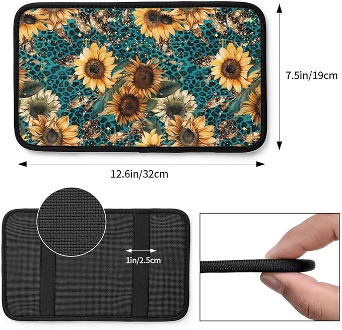 Sunflower Leopard Print Center Console Armrest Cover Flower Floral Arm Rest Seat Box Covers Protector Blue Vintage Car Decor Accessories Padding for Most Cars Sedans Vans Truck SUVs