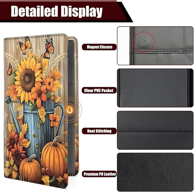 Car Registration Holder, PU Leather Vehicle Glove Box Organizer for Driver License, Document, Car Insurance Holder with Magnetic Shut, Auto Paperwork Wallet Accessories,Autumn Fall Pumpkin Sunflowers