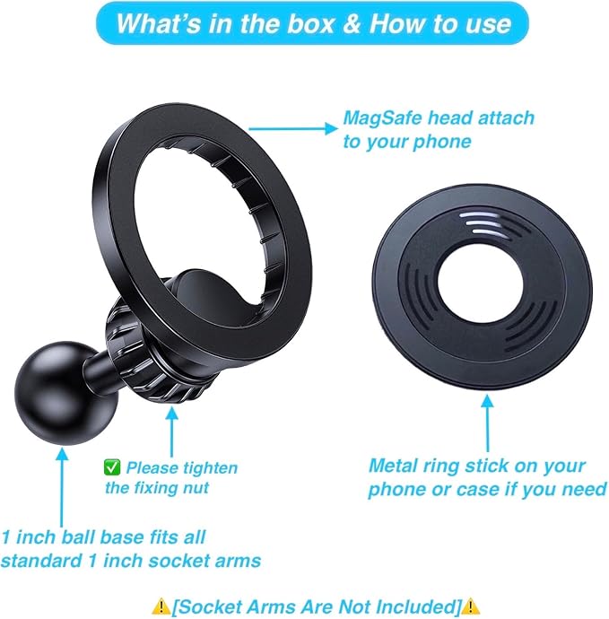 Magnetic Phone Holder Base with 1” Ball Mount Adapter for MagSafe Compatible with RAM Mounts Double Socket Arm for iPhone 17/16/15/14/13/12 Series
