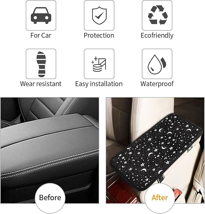 DORKEIXIA Black and White Moon Star Auto Center Console Armrest Pad Universal Car Center Console Cover Seat Box Cover for Sedan, Van, SUV, Truck Car Accessorie