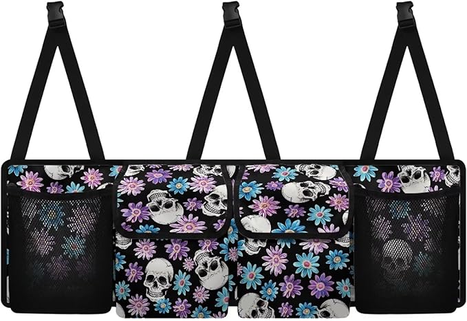 Trunk Hanging Organizer, Backseat Bag, Car Interior Accessories Decoration with Pocket for Groceries, Provide Storage Space for SUV, Jeep, MPVs,Black Skull Floral Punk