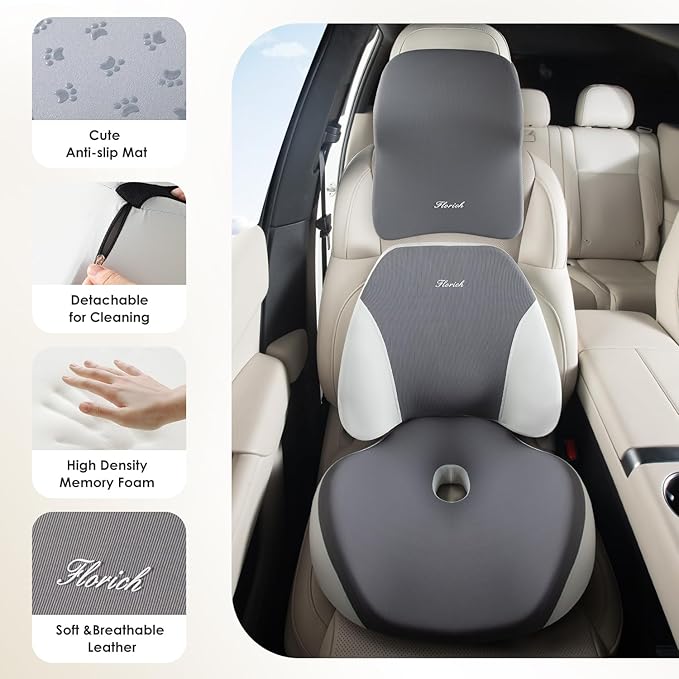 FLORICH Car Seat Cushion & Lumbar Support Pillow & Car Neck Pillow Ergonomic and 100% Memory Foam, Upgraded Larger and Breathable Car Seat Cushion & Back Support Pillow - Grey