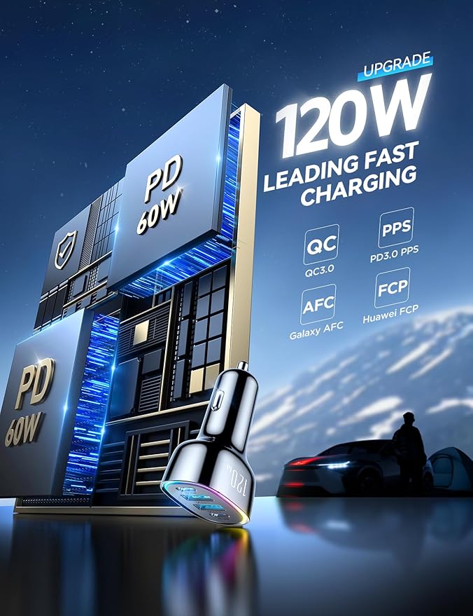 120W for iPhone 17 Pro Car Charger USB C, 4-Port Car Charger Fast Charging, PD&QC3.0 Type C Car Phone Charger, Cigarette Lighter Adapter, Car Accessories for iPhone 16 16e 15 17 Air Pro Max, Samsung