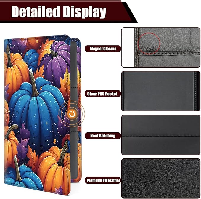 Car Registration Holder, PU Leather Vehicle Glove Box Organizer for Driver License, Document, Car Insurance Holder with Magnetic Shut, Auto Paperwork Wallet Case Accessories, Colorful Pumpkins Fall