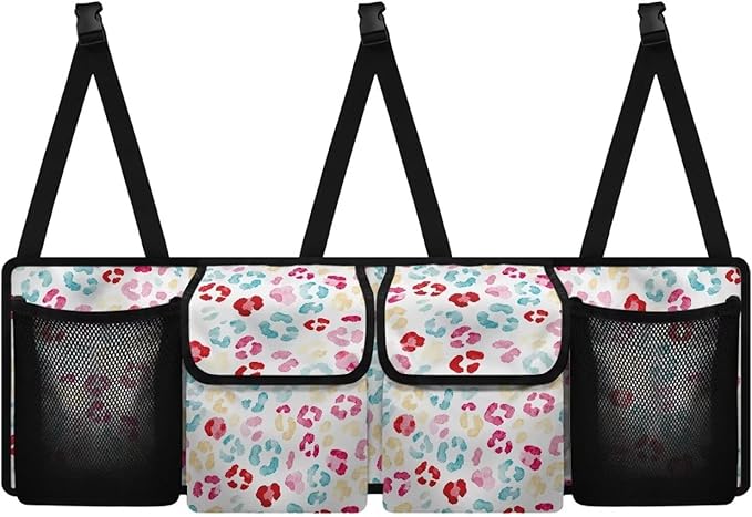 Colorful Leopard Backseat Car Organizer, Durable Trunk Organizer with 4 Pockets & Buckle Straps, Waterproof Hanging Automotive Storage Bag for SUV Van Sedan When Trip