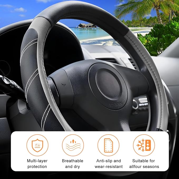 Car Steering Wheel Cover, 14.5-15" Non-Slip Leather Sporty Vehicle Steering Wheel Protector, Breathable Auto Interior Decoration Accessories, Universal for Van Truck Sedan (Black/Gray)