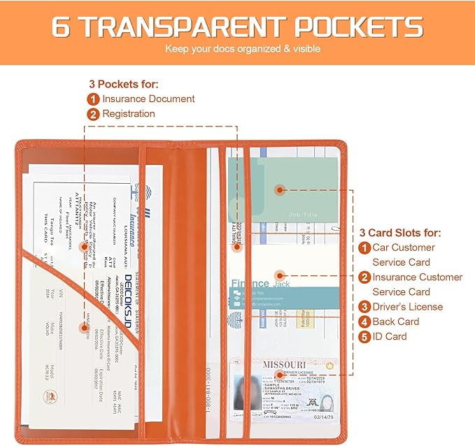 JUSTTOP 1Pack Car Registration and Insurance Holder,Car Document Holder for Cards License with Magnetic Shut,Vehicle Glove Box Car Organizer for Documents, Cards, License(Orange)
