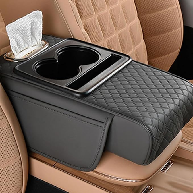 Car Armrest Cushion for Toyota Crown Majesta VI 2009-2015 2016 2017 2018, Car Center Console Cover Armrest Pad with Cup Holder and Tissue Box, Car Accessories,Black