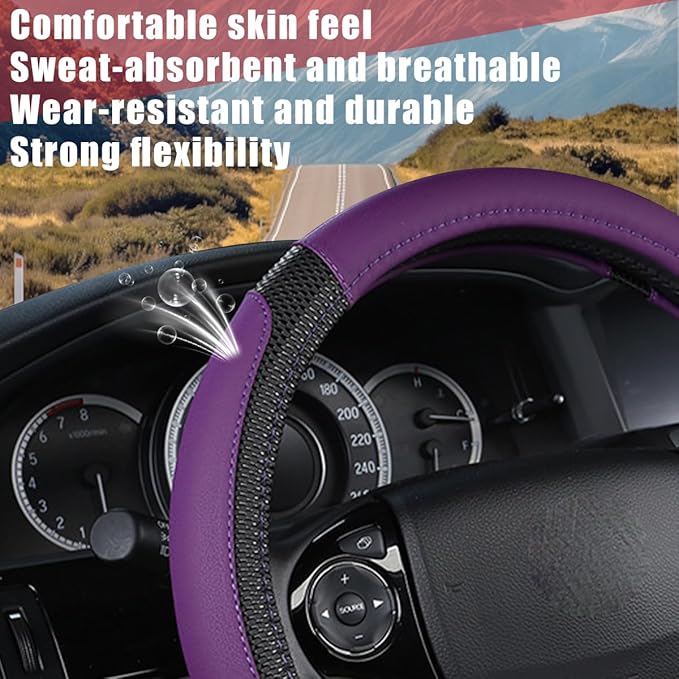 Car Steering Wheel Cover, 14.97 Inch Leather Non-Slip Vehicle Steer Wheel Protector, Soft & Breathable Automotive Interior Protection Accessories, Universal for SUV Sedan Truck (Black/Purple)