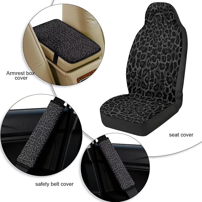 Qeluxign Leopard Print Car Seat Covers 2 Front Seats Universal Fit Center Console Protector Auto Seat Belt Cover Against Stains, Spills, Dust Car Interior Accessories 5 Piece Set