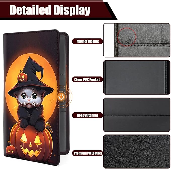 Car Registration and Insurance Holder, PU Leather Auto Document Holder for Men&Women, Vehicle Glove Box Compartment Organizer with Magnetic Shut for Driver's License, Cute Halloween cat Pumpkin
