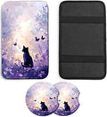 JANENFNA Car Armrest Cover Pads Universal Fashion Cute Auto Center Console Armrest Cover Pad with 2PCS Car Coasters Soft Waterproof Car Armrest Seat Protector for Women,Purple Flower Sea Cat