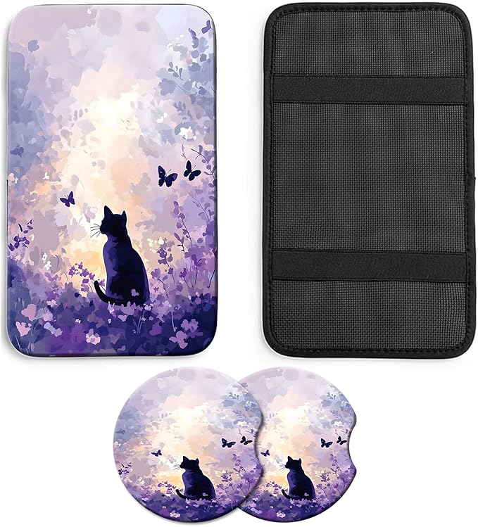 JANENFNA Car Armrest Cover Pads Universal Fashion Cute Auto Center Console Armrest Cover Pad with 2PCS Car Coasters Soft Waterproof Car Armrest Seat Protector for Women,Purple Flower Sea Cat